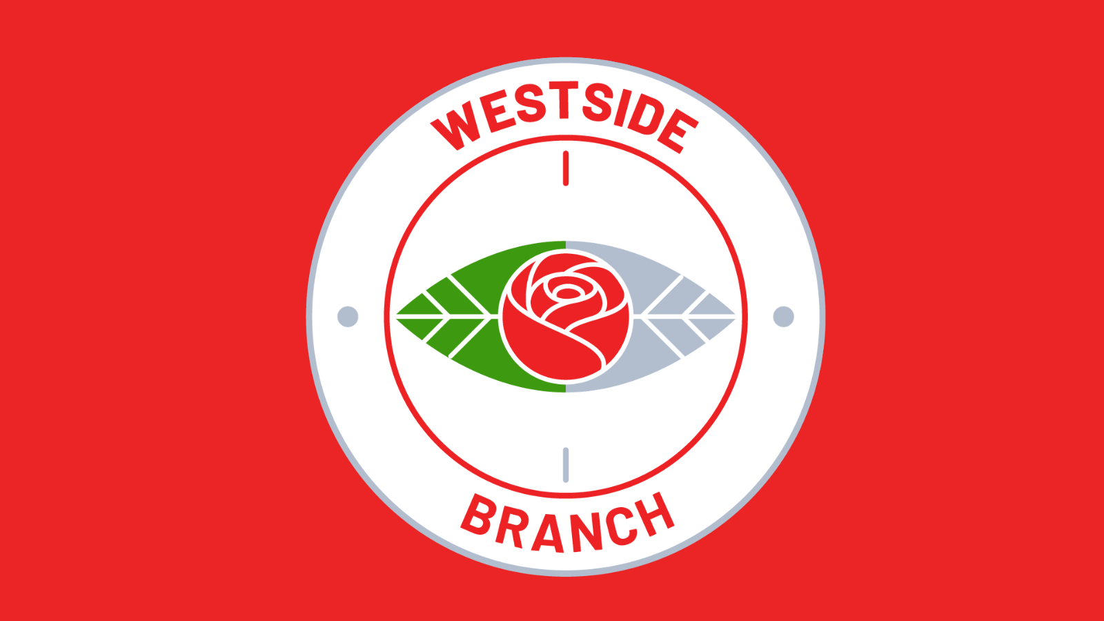 Logo for the Westside Branch of DSA-LA. Includes a red rose graphic within a design meant to evoke a compass.